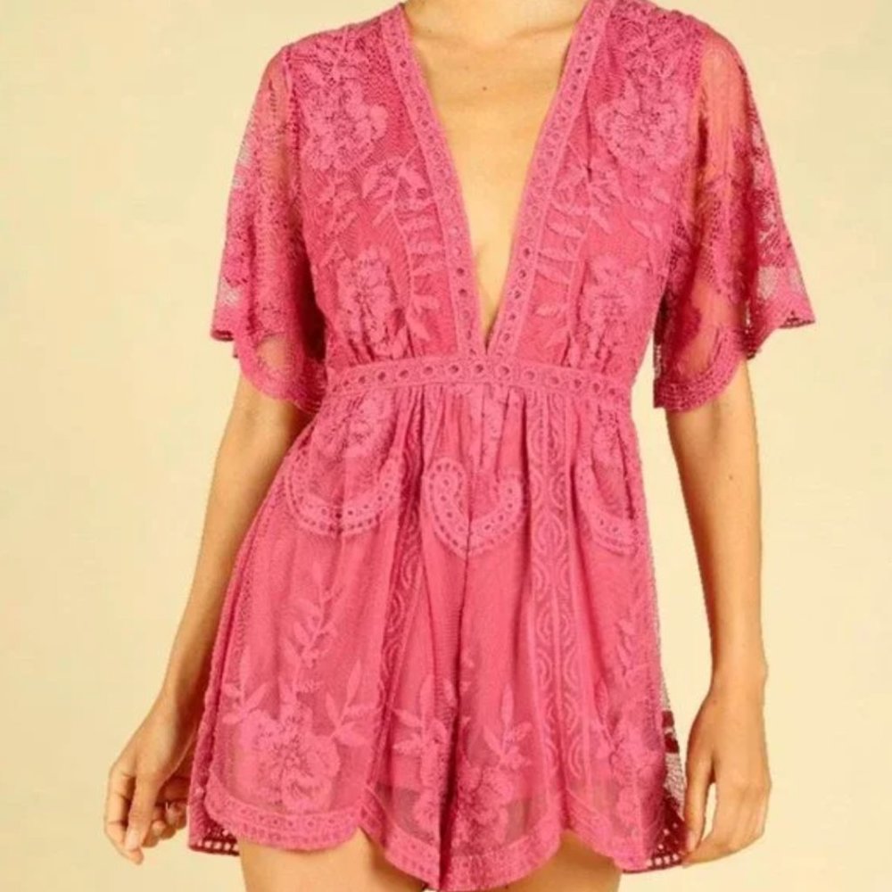 Honey Punch As You Wish Embroidered Lace Romper in Raspberry M